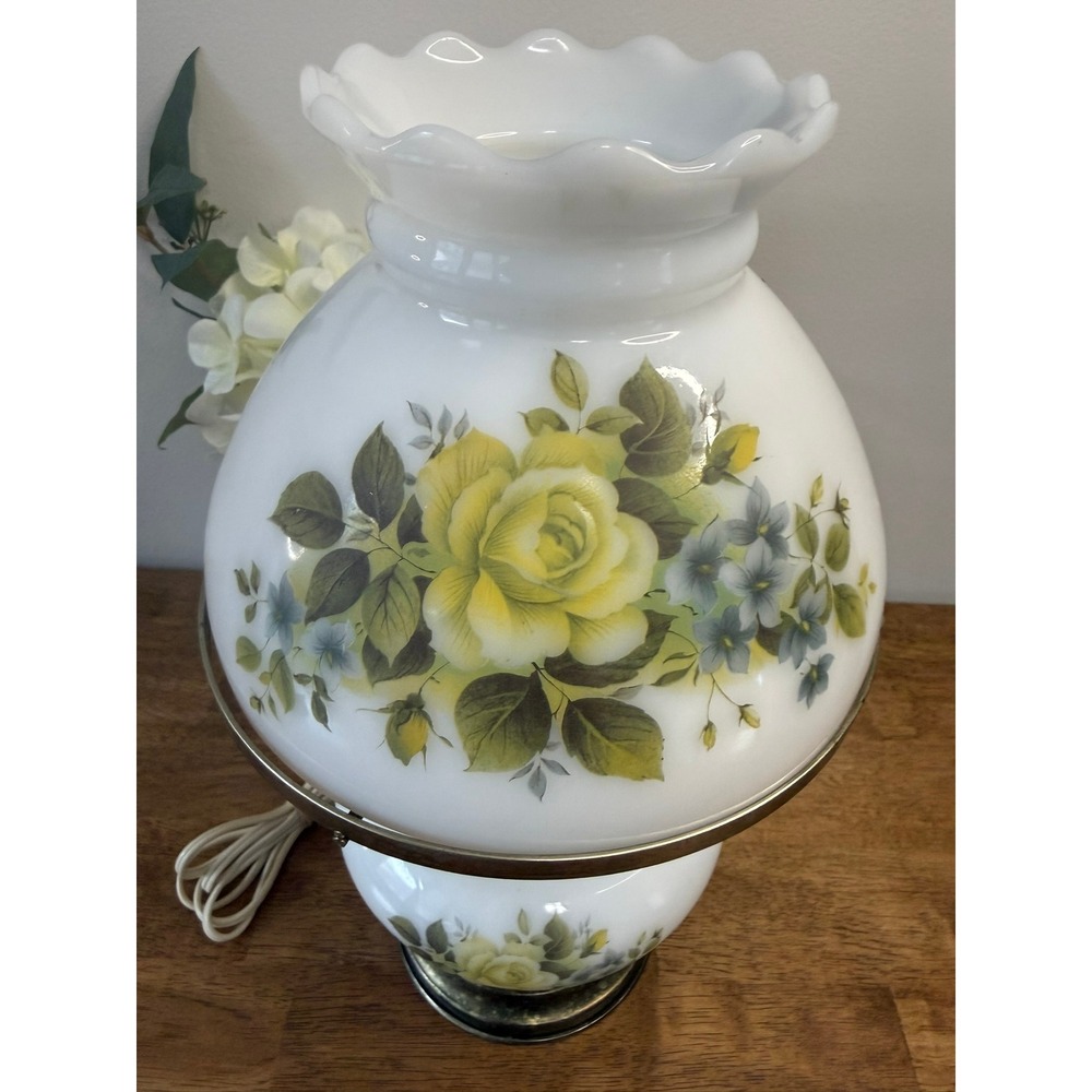Vintage Milk Glass Floral Hurricane Table Lamp Yellow Roses Electric Light‎ Farm - Picture 3 of 9